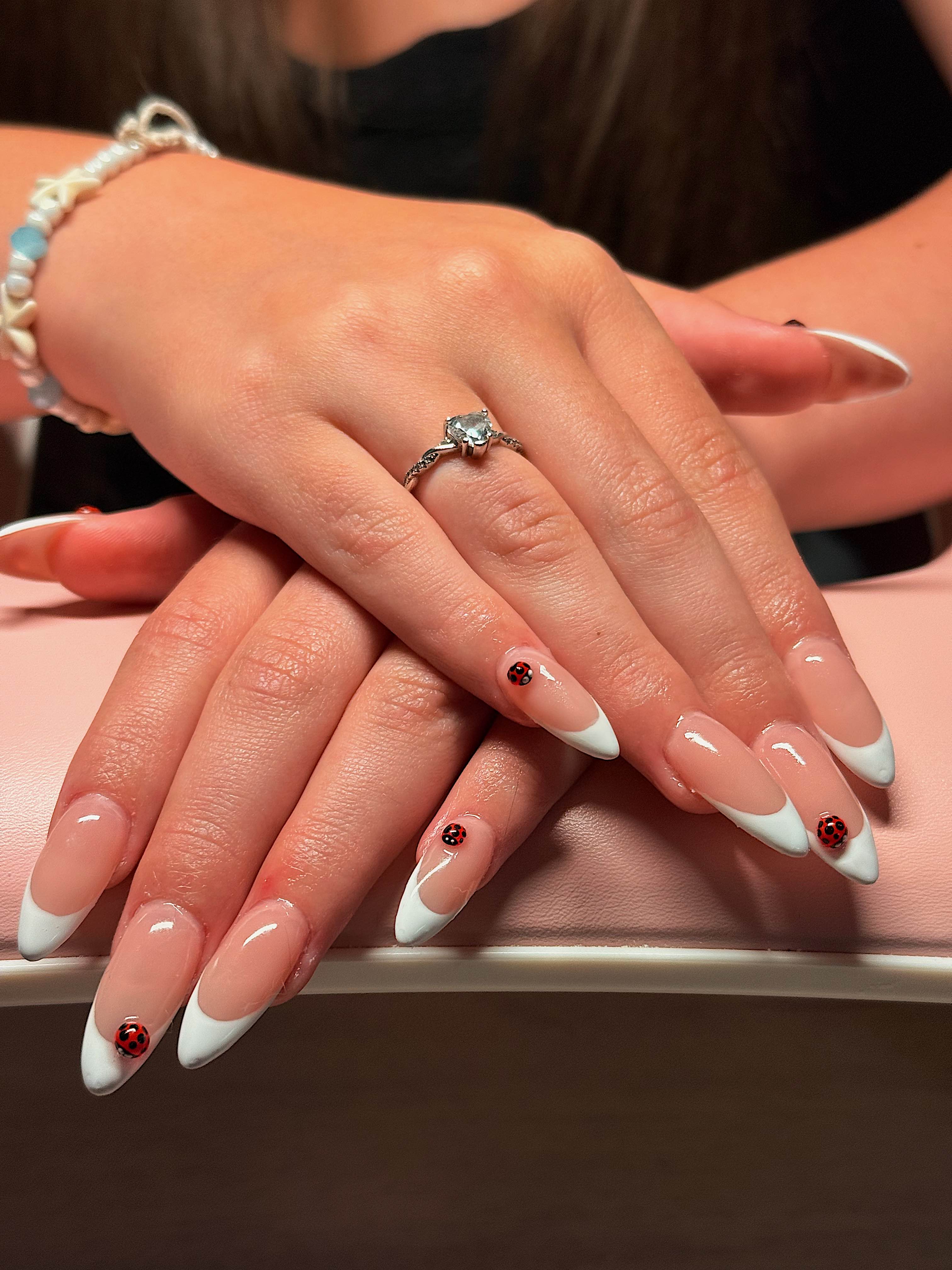 French tips with 3D ladybug nail art